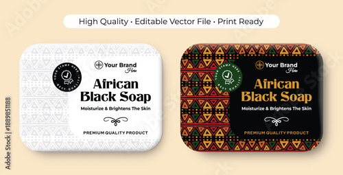 African Black Soap Label Design, Natural Skincare soap packaging, editable vector file. Black and white cosmetic packaging premium style with mockup
