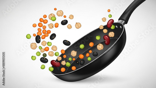 Colorful beans and peas tossed in a black frying pan with handle cooking ingredients in mid air on white background