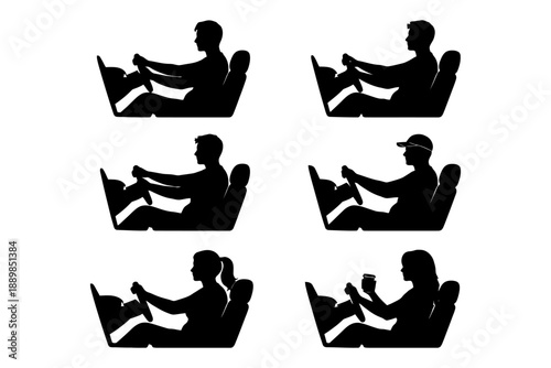 Silhouettes of people driving: males and females in various poses at steering wheel.