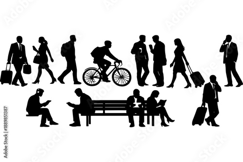Silhouettes of people commuting and socializing in urban setting.