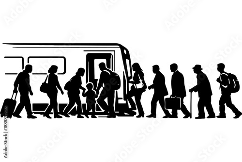 Silhouette of diverse people boarding train.