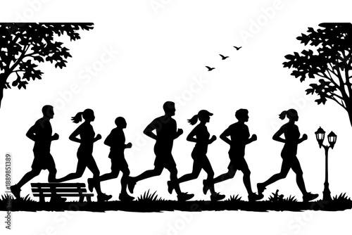 Silhouette of a group jogging outdoors under trees with birds in the sky.