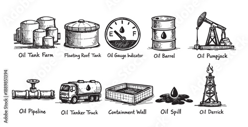 Black and white illustration featuring various oil industry elements drawn in a hand-drawn sketch style, perfect for educational or conceptual designs.