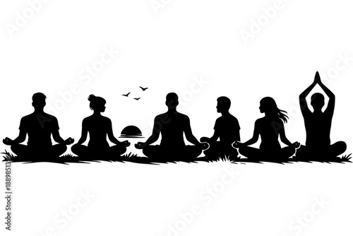 Silhouette group meditation at sunset with birds in background.
