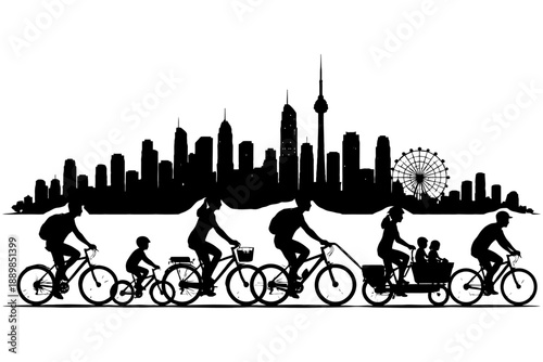 Silhouette of diverse cycling family against urban skyline.
