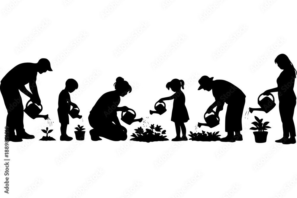 Obraz premium Silhouette of diverse family gardening together.