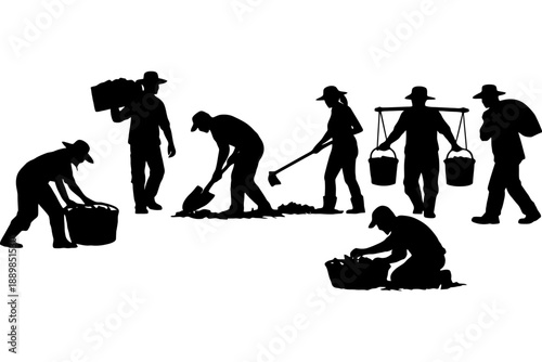 Silhouette of diverse agricultural workers in various tasks.