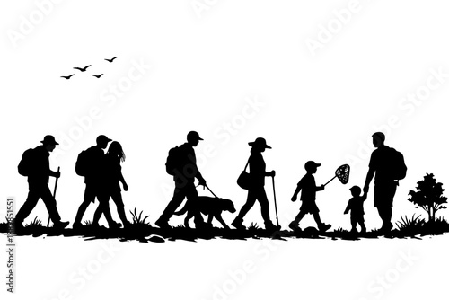 Silhouette of diverse group hiking with dogs and children in nature.