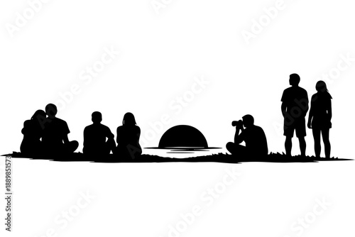 Silhouette of diverse group watching sunset by the beach.