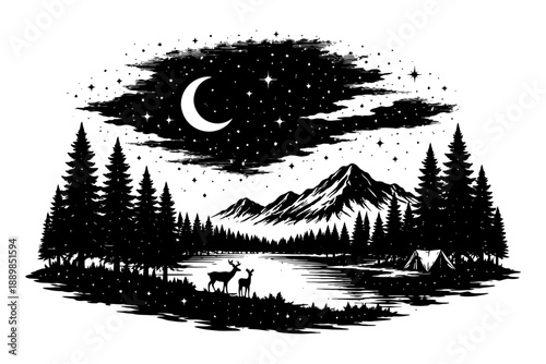 Night sky over mountain lake with deer and tent in forest.