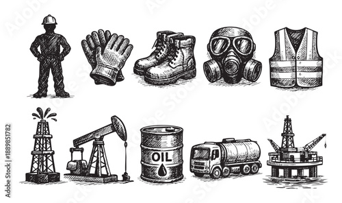 Vector illustration shows oil industry equipment like boots, safety vest, oil barrel, gas mask and oil drilling station, isolated on white background.