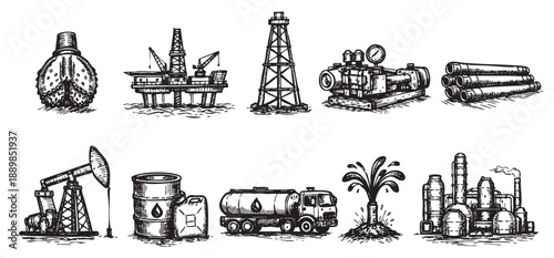 Collection of hand-drawn sketches illustrating oil drilling, pumping, transportation, and processing on a clean white backdrop, ideal for educational or informational designs.