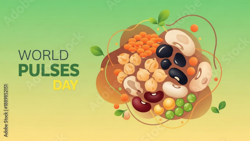 World pulses day illustration with assorted legumes and grains in a bowl on a green background