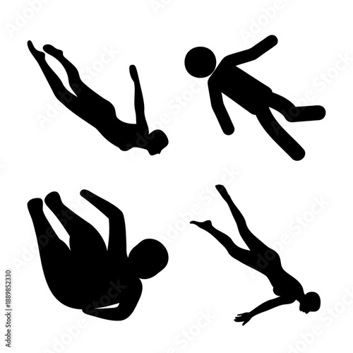 Dynamic silhouettes depicting individuals in various states of falling, floating, or diving