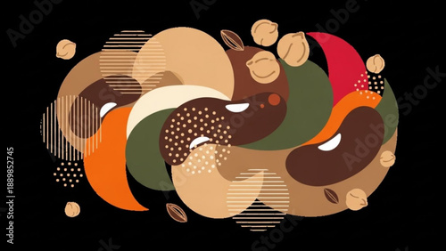 Vibrant abstract illustration of assorted coffee beans in earthy tones on black background