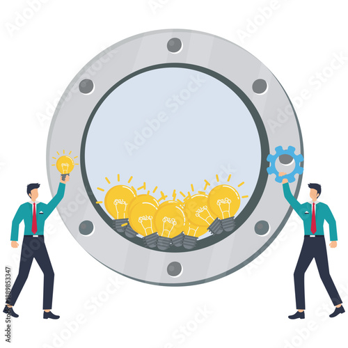 Flat vector style illustration of business leader unlocking vault filled with bright ideas while team gathers innovation resources for startup mission stock illustration