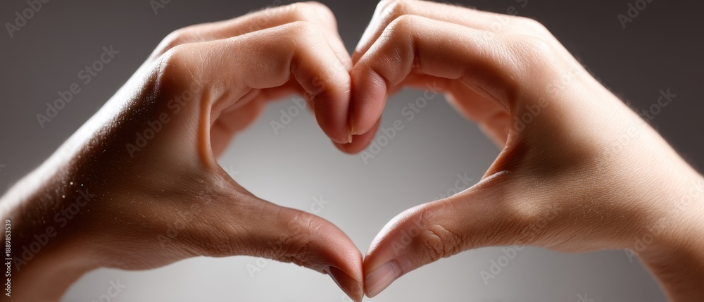 Fototapeta premium Hands Form a Heart Shape Against a Gray Background Expressing Love and Connection in a Close-Up View