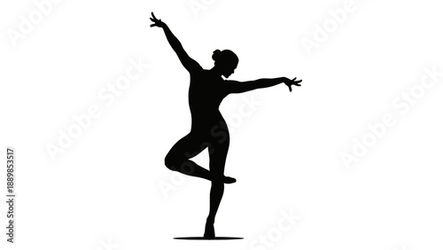 A woman in a yoga pose, balancing on one leg with arms outstretched, conveying serenity and balance in a peaceful illustration.