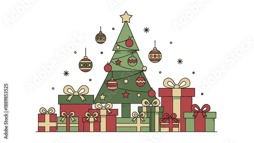 A festive Christmas tree surrounded by gifts and ornaments in a celebratory scene from a front viewpoint