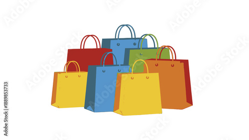 A vibrant assortment of colorful shopping bags arranged in a neat pile on a plain surface from a straightforward view