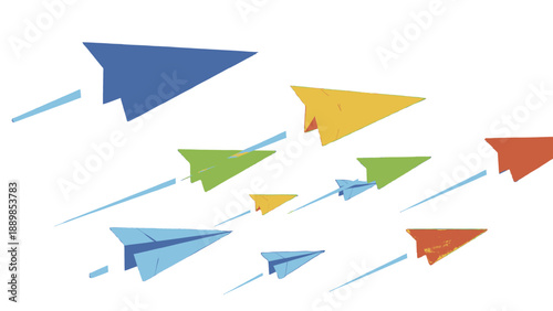 A fleet of colorful paper airplanes soaring through the air, viewed from a slight angle, showcasing their vibrant hues and dynamic movement