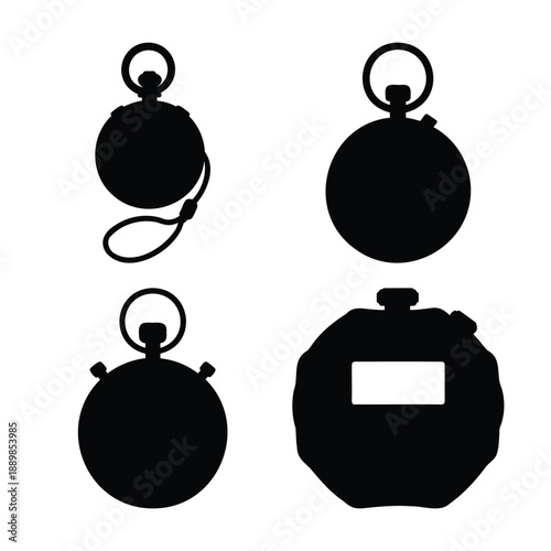 A collection of various stopwatch and pocket watch silhouettes in a striking black and white design