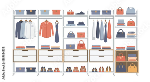 Modern organized closet with stylish clothing and accessories
