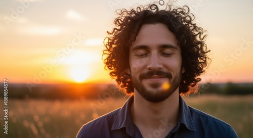 Young man with curly hair in peaceful meditation during golden sunset in an open field. Eyes closed in serene moment. Perfect for wellness, mindfulness, and lifestyle content.