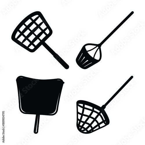 Collection of hand-drawn insect swatters and various nets in a simple doodle style illustration