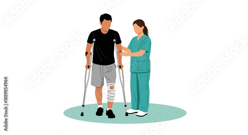 Illustration of a male patient with a bandaged leg being assisted by a female nurse on a green oval background.