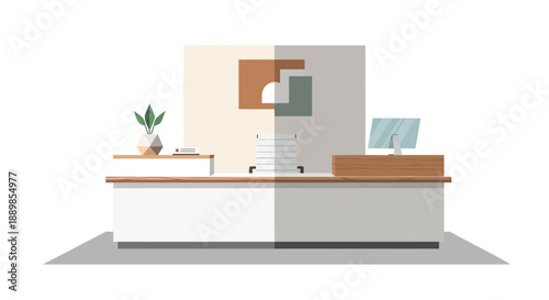 Modern office reception desk with computer and plant
