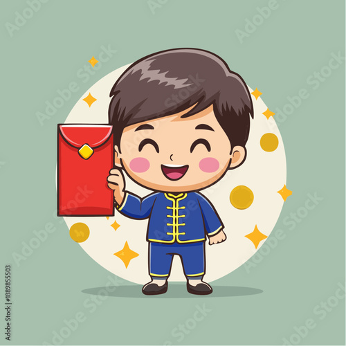 Joyful child in traditional attire celebrating Lunar New Year with red envelope, vector illustration