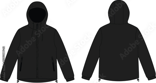 Black hooded jacket technical flat vector illustration front and back view for modern apparel fashion design template