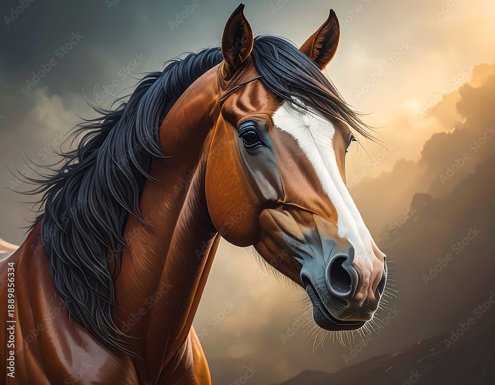 Obraz premium A brown horse with a white blaze and black mane