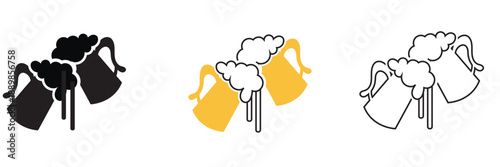 Two foaming beer mugs  Icons in Different Styles. Set of beer mug icons in black, orange, and outline styles, showing clinking glasses symbolizing celebration, pub culture, and Oktoberfest themes.

