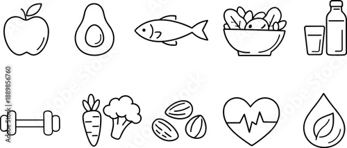 Set of black line icons representing kitchen tools and cooking utensils including chef hat, spatula, cutting board, whisk bowl, knife, measuring cup, rolling pin, frying pan, salt and pepper shakers, 