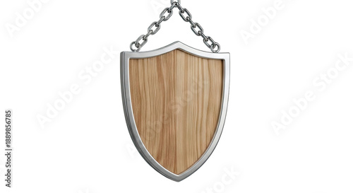 Wooden shield hanging from chains