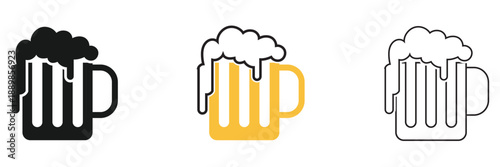 Two foaming beer mugs  Icons in Different Styles. Set of beer mug icons in black, orange, and outline styles, showing clinking glasses symbolizing celebration, pub culture, and Oktoberfest themes.

