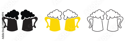 Two foaming beer mugs  Icons in Different Styles. Set of beer mug icons in black, orange, and outline styles, showing clinking glasses symbolizing celebration, pub culture, and Oktoberfest themes.

