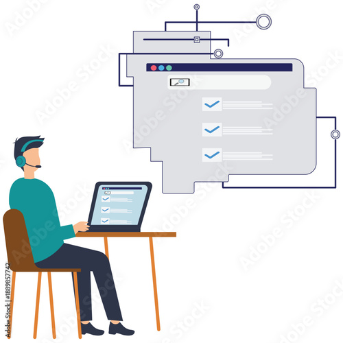 Flat vector style illustration of support specialist solving customer issues with headset and computer screen displaying completed task checklist stock illustration