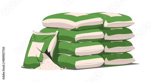 Stacked green and white bags of rice with one bag open, spilling contents on a plain background.