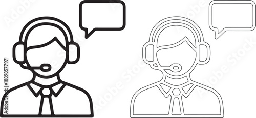 Two customer service representatives wearing headsets with speech bubbles, symbolizing communication and support.