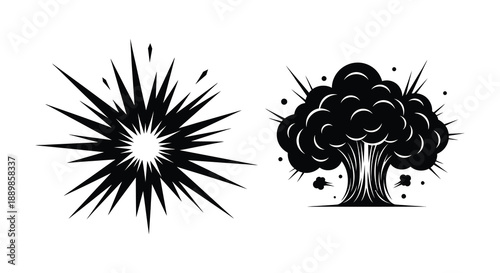 A striking graphic depiction of two distinct explosion shapes in black and white showcasing impact and force