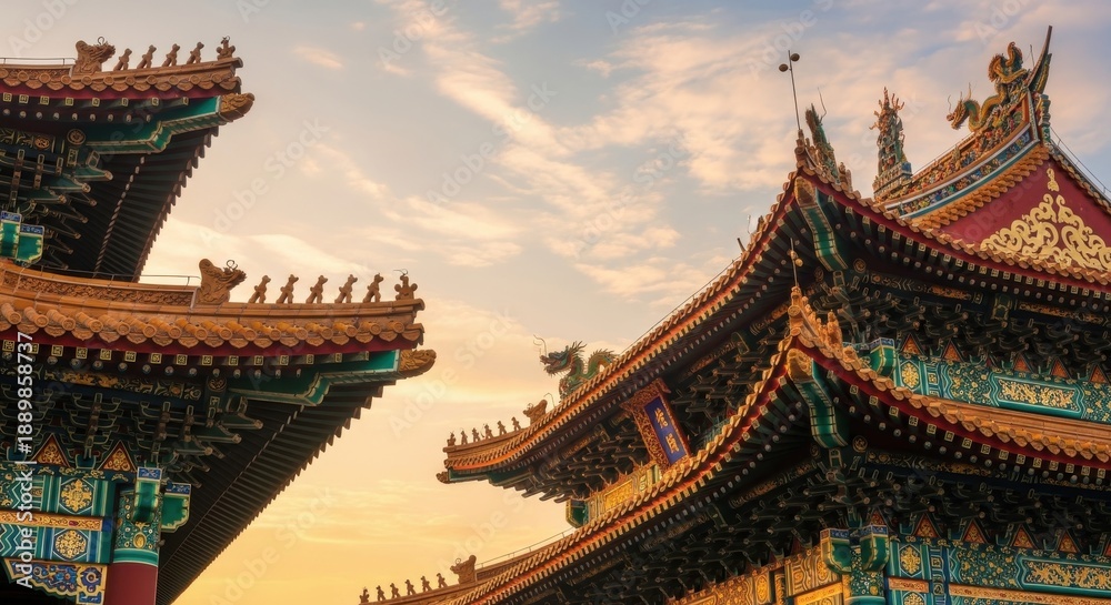 Fototapeta premium Ornate traditional eastern architectural rooftops contrast against a softly lit evening sky.