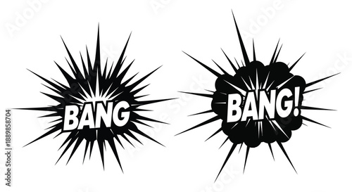 Two comic book style explosion graphics with the word bang prominently displayed within each burst black and white