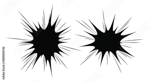 Two abstract black starburst shapes with jagged spiky edges are prominently displayed against a plain white background creating a striking visual