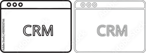 Simple black and white vector illustration of CRM software on computer screens, ideal for business and technology concepts.