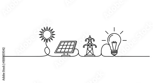 A continuous line drawing illustrates the pathway of sustainable energy from sun to solar panel to lightbulb