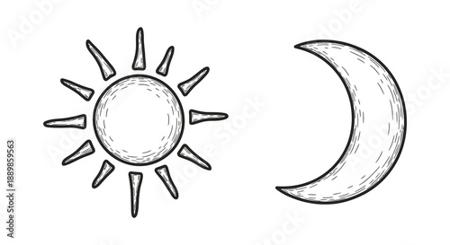A simple sketch depicts a radiant sun with pointed rays and a crescent moon side by side