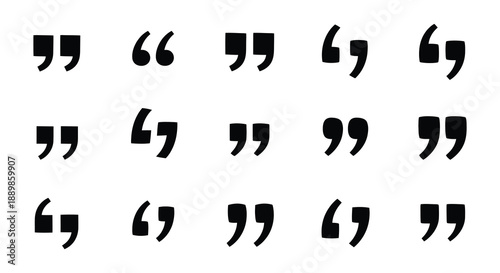 A minimalist composition featuring an arrangement of black quotation marks against a stark white background displaying repetition